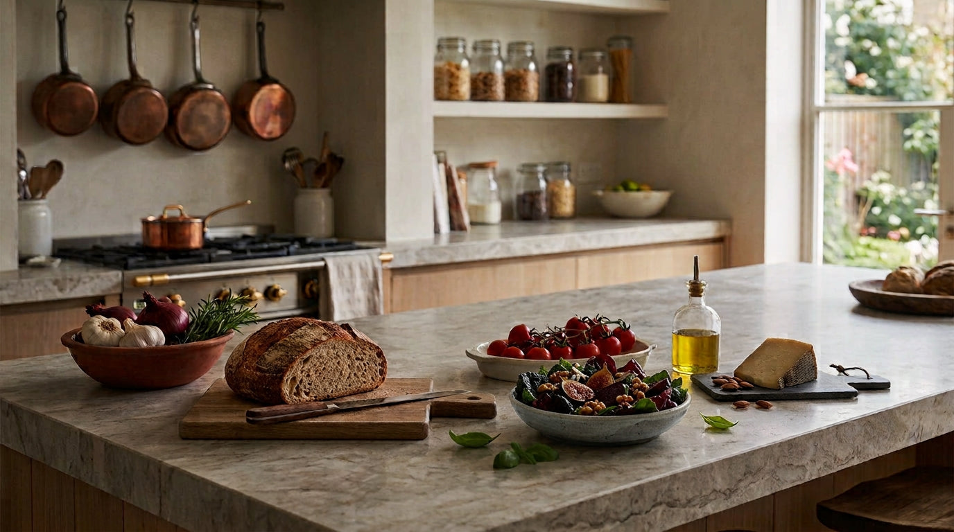 Warm home kitchen counter with bread, garlic and onions